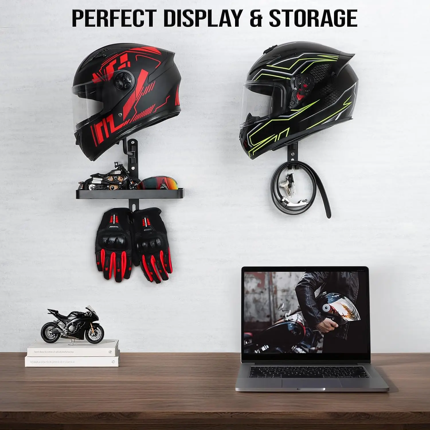 180° Rotating Wall Mount Motorcycle Helmet Holder with Hooks for Bike Moto Hats Jackets Keys Garage Storage Rack view 5