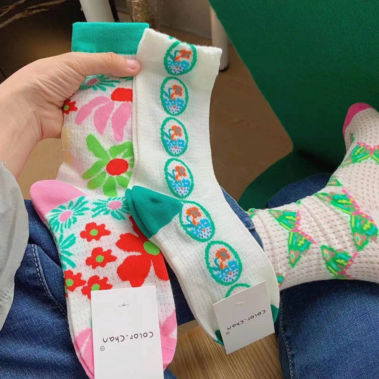 Socks for Women Spring Summer Mesh Hollow Breathable Cotton Socks Fashion Colorful  Trend Cartoon Butterfly Flower stocking