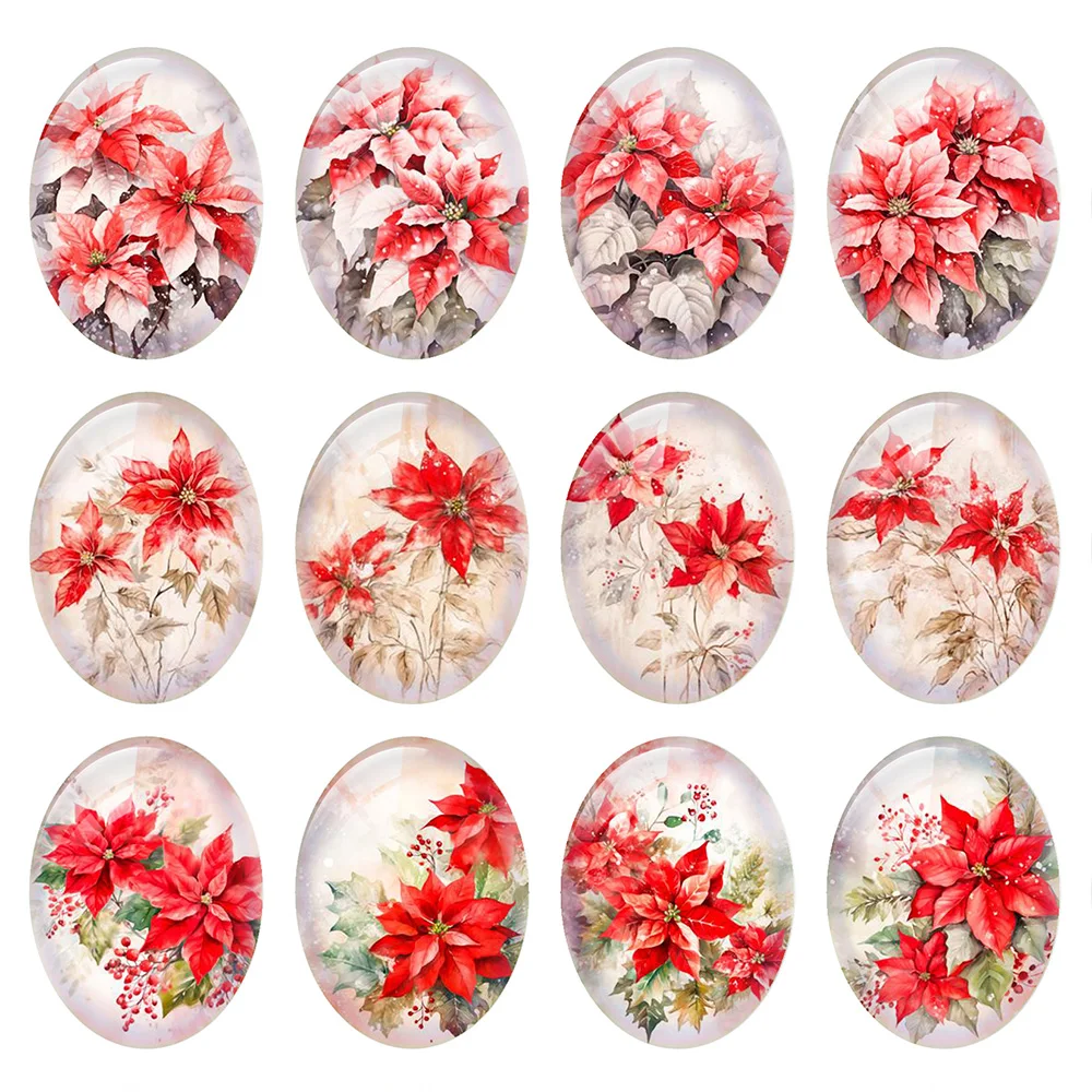 

10pcs/lot Handmade Christmas X-mas Red Flower Oval Photo Glass Cabochon Crystal Flatback Demo Cameo Diy Jewelry Making