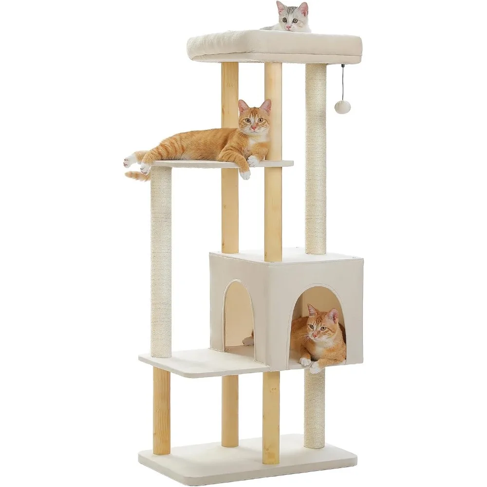 

PAWZ Road Large Cat Tree, 53 Inches Modern Wooden Cat Tower for Indoor Large Cats, Multi-Level Cat Condos with Long Scratching P