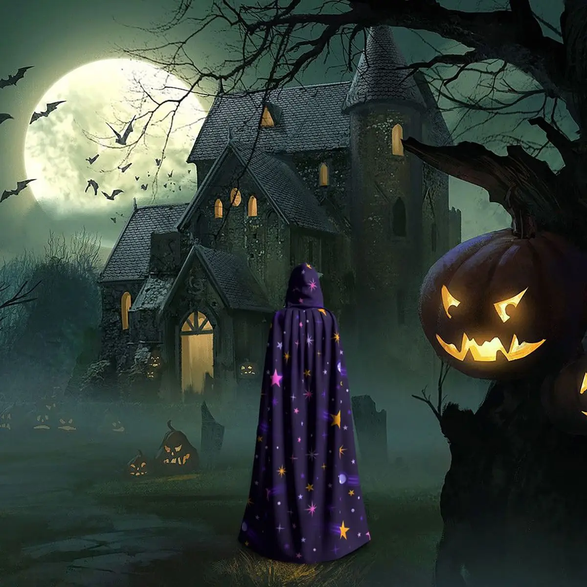 Espaço galáxia constelação zodíaco estrela longa capa com capuz bruxa traje medieval cosplay capa halloweenparty adulto unisex