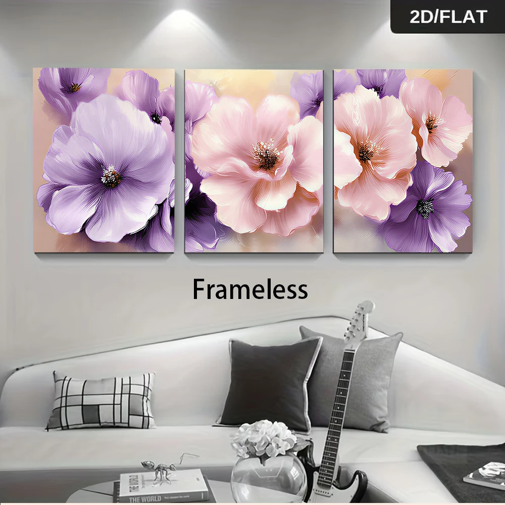 1 set of triple frameless decorative paintings, elegant pink and purple floral theme frameless decorative paintings, 2D flat