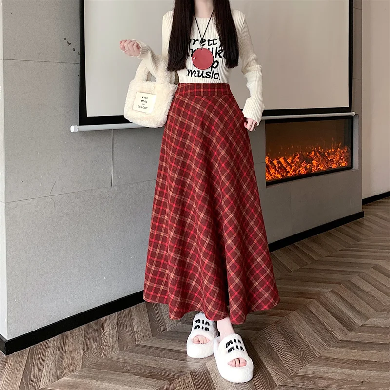 Retro British-style Red Plaid Wool Blend A-line Skirt High-waist Elastic Flared Skirt Women's Winter Niche Y2K Harajuku Outfit
