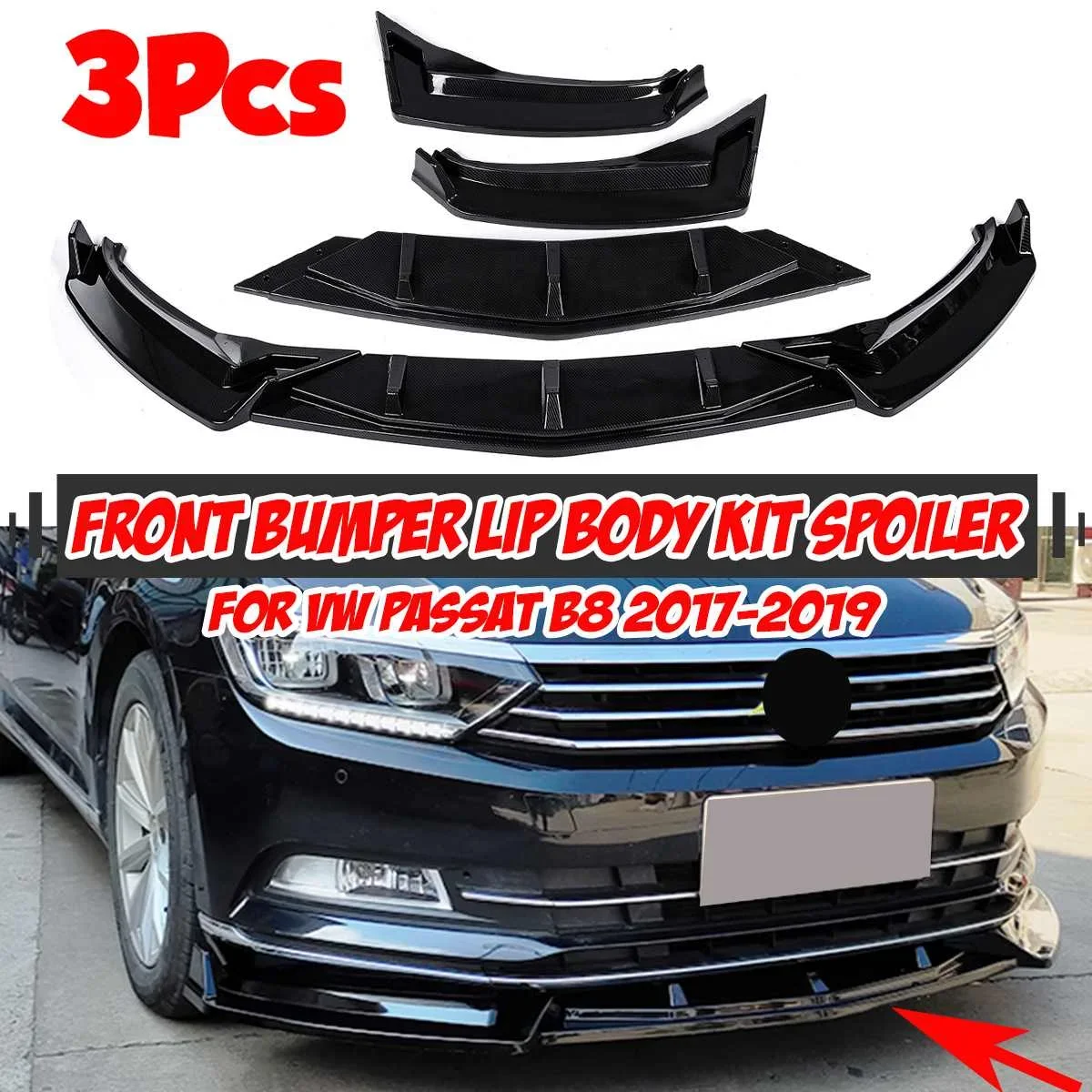 

3Pcs Car Front Bumper Lip Body Kit Spoiler Diffuser Bumper Lip Deflector Lips Protector Cover For VW For Passat B8 2017-2019