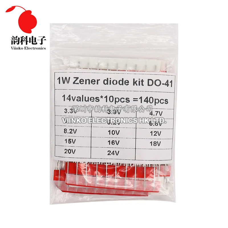 140pcs 1W Zener Diode Kit DO-41 3.3V-24V 14Values Each 10pcs DIY Sample Set New