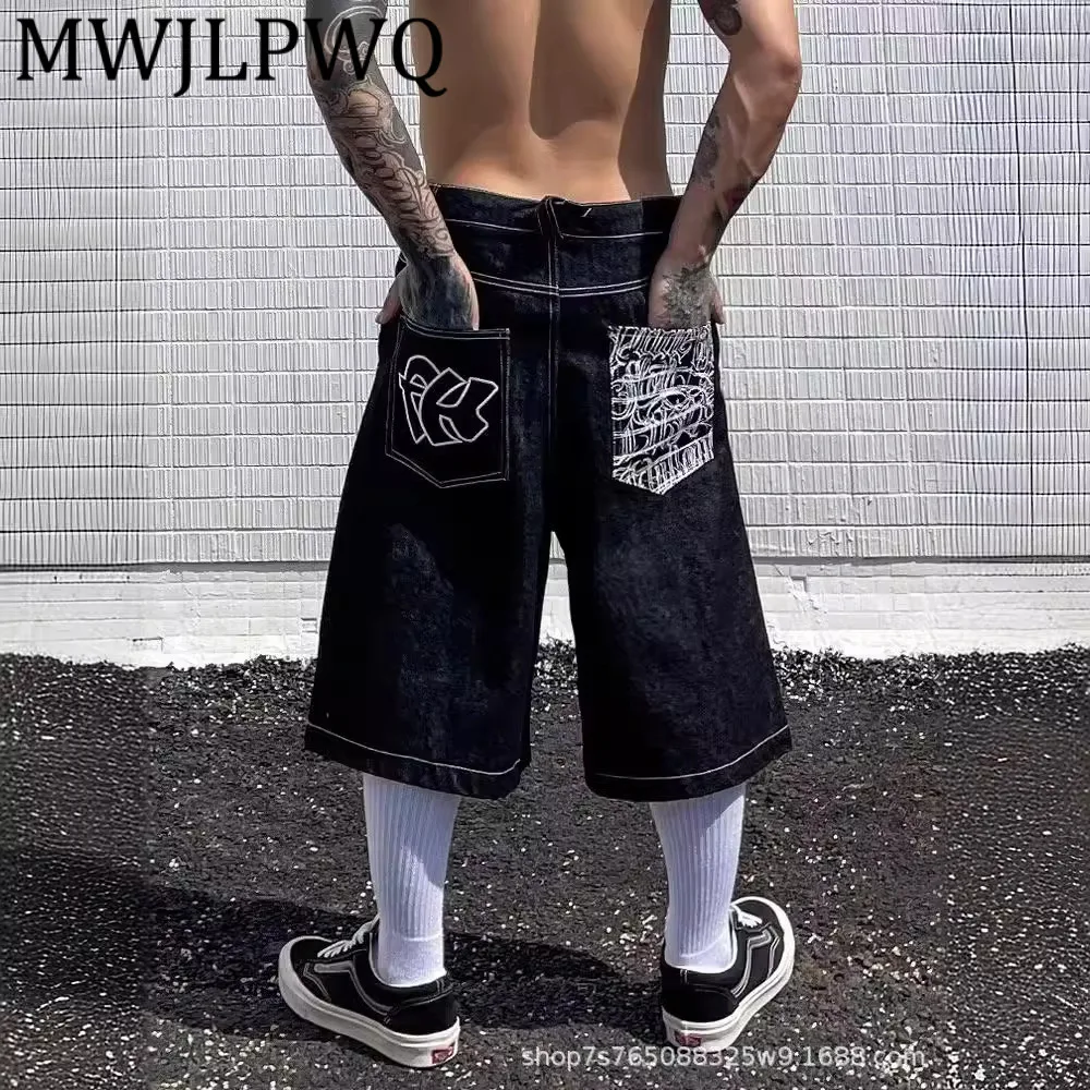 

MWJLPWQ Американские джинсы с вышитым дизайном High Street, лето 2024, новые мужские модные потертые повседневные брюки Seven в стиле хип-хоп, новинка 11994