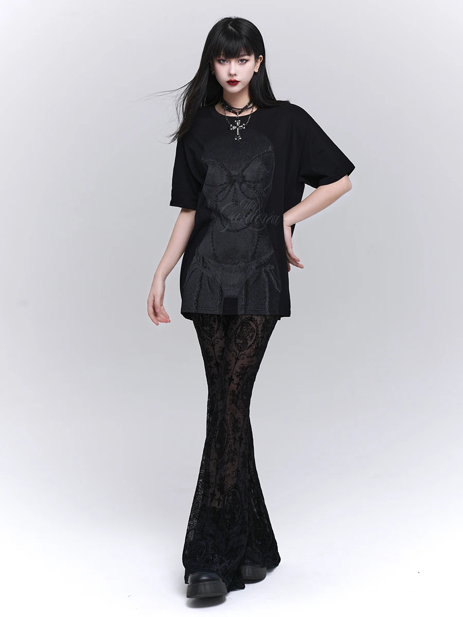 Gothic Black Lace Micro-horn Trousers High Waist and Thin Subculture Sweet and Spicy Style Music Festival See-through Pants