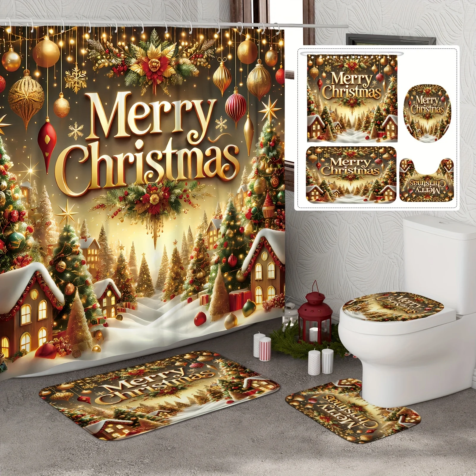 

4pcs Christmas Tree Ball Shower Curtain Set, Farmhouse Golden Xmas Bathroom Decor , Non-Slip Mat & U-Shape Toilet Cover