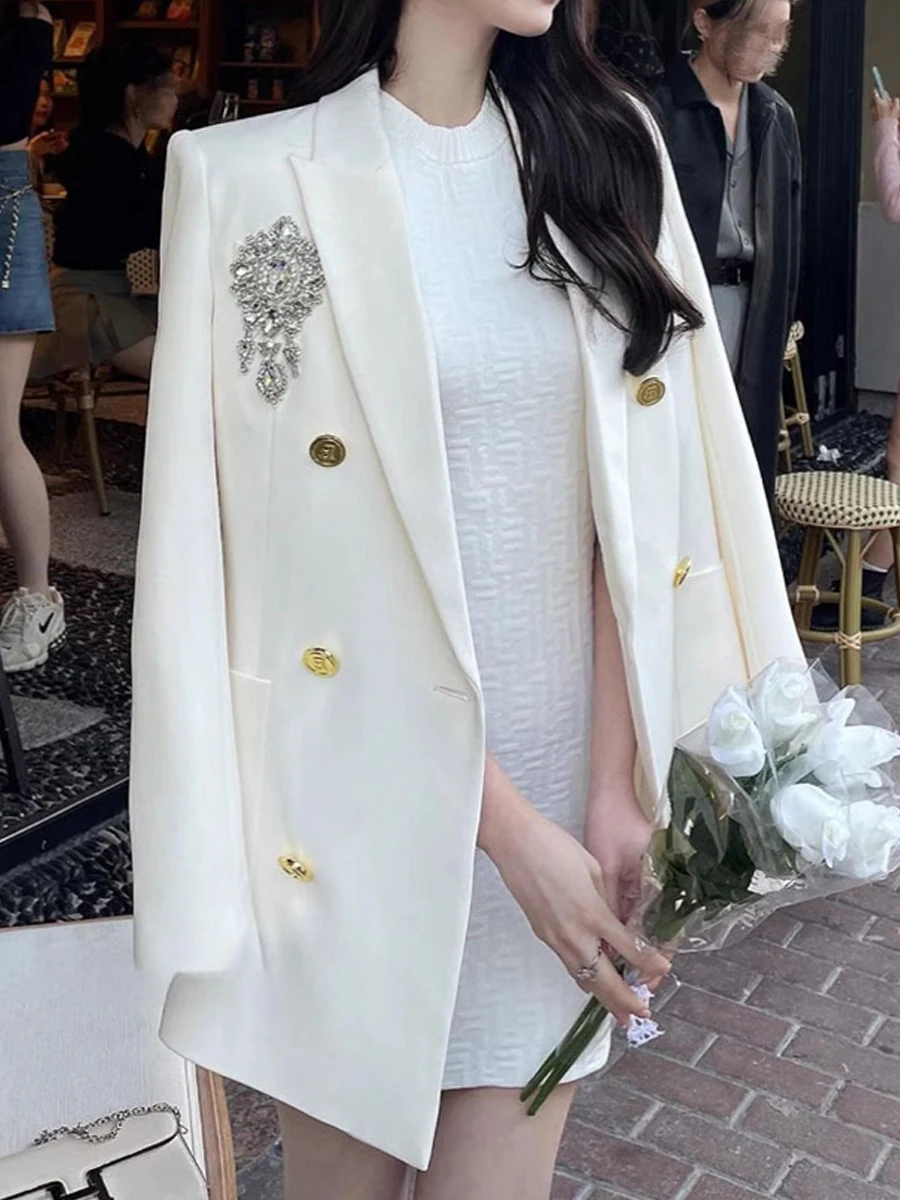 

Белый модный женский пиджак с жемчугом и стразами, двубортный, повседневный, универсальный, в европейском стиле, для офиса и поездок на работу