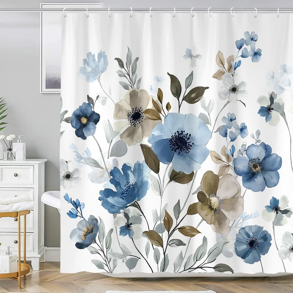 Blue white daisies flowers shower curtain polyester- With Hooks Waterproof Mildew Proof Easy Install Washable bathroom curtain