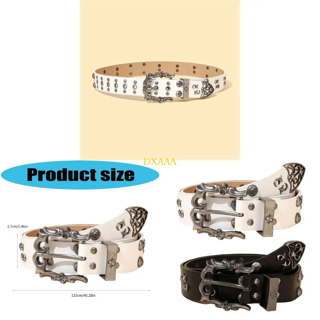

DXAA Fashion Studded Belt PU Leather Waist Belt with Metal Buckles 115cm 3.7cm for Unisex Retro Casual Look