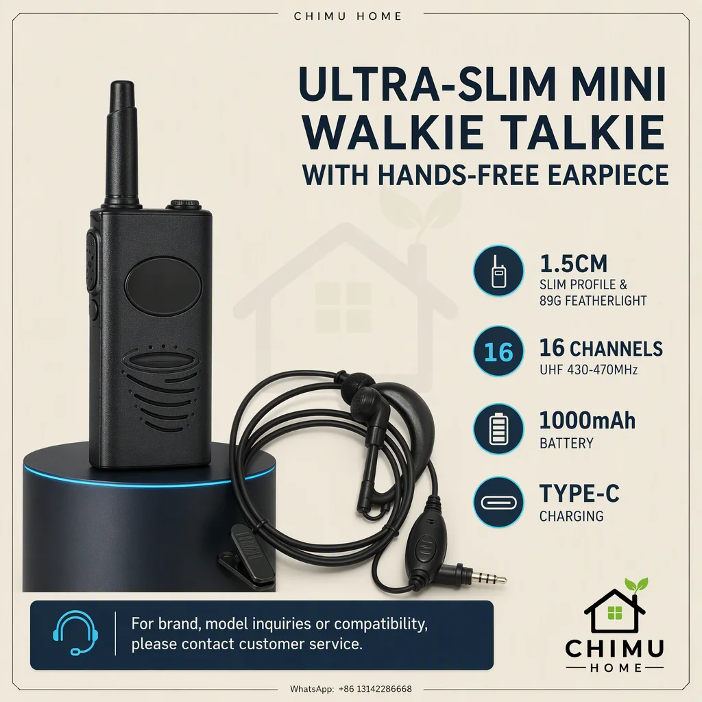 【CHIMU HOME】Ultra Slim Mini Walkie Talkie 1.5cm 89g UHF 430-470MHz 16CH 1000mAh USB-C Two Way Radio for Hotel Restaurant KTV