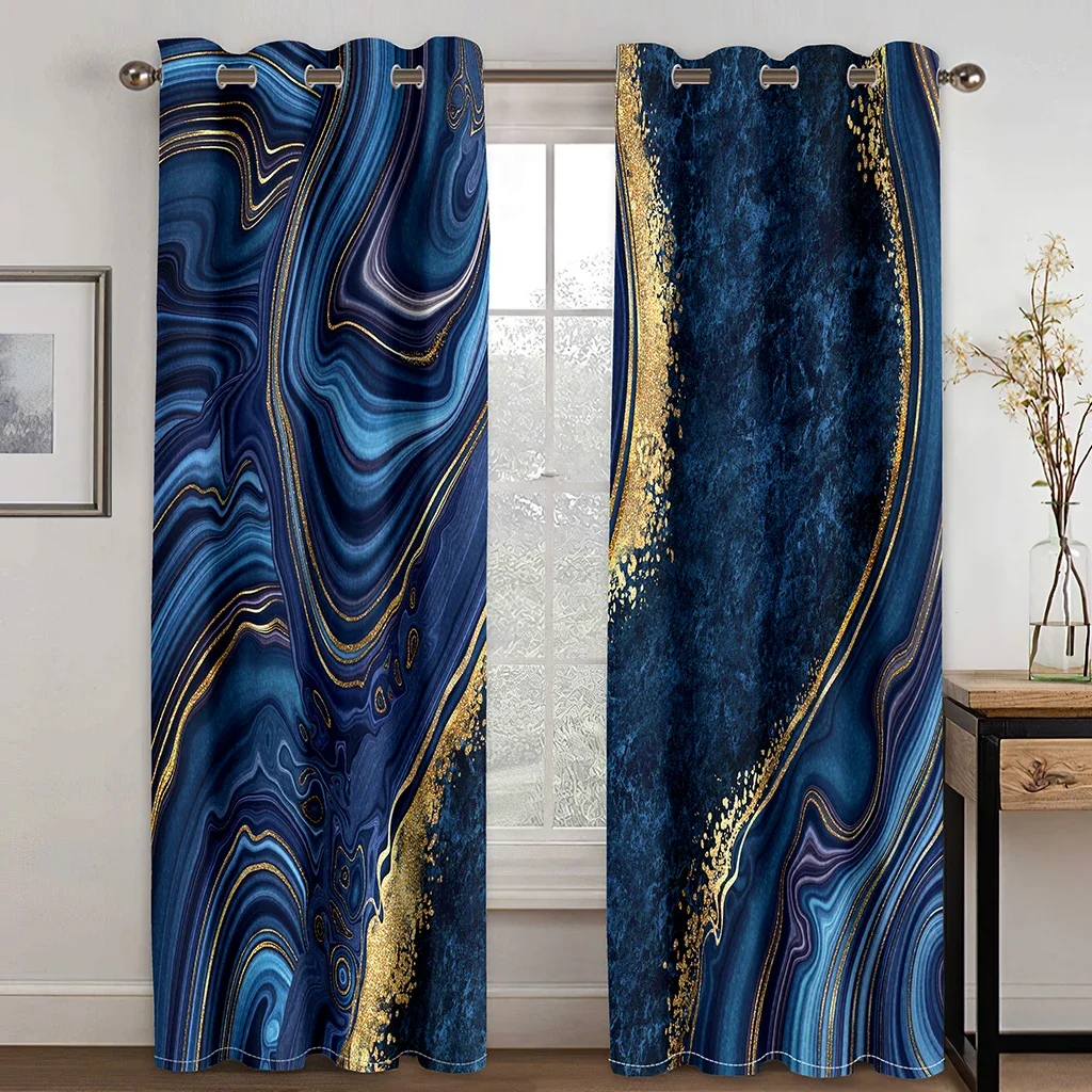 3D Modern Blue Gald Marble Abstract Texture Luxury 2 Pieces Light Filtering Curtain for Living Room Bedroom Window Drape Decor