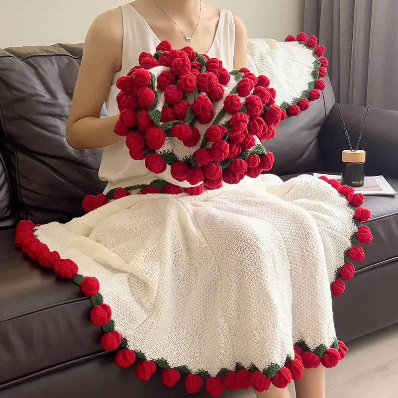 Soft Winter Blankets DIY Crocheted Rose Bouquet Valentine’s Day Throw Blankets for Office Home Decor Cobijas Mantas Cobijas 블랭킷
