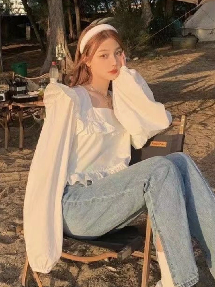 

Women Blouse Lantern Sleeve Simple Elegant Ruffles Daily Solid All-match Cute Girls Square Collar Casual Loose Korean Style Chic