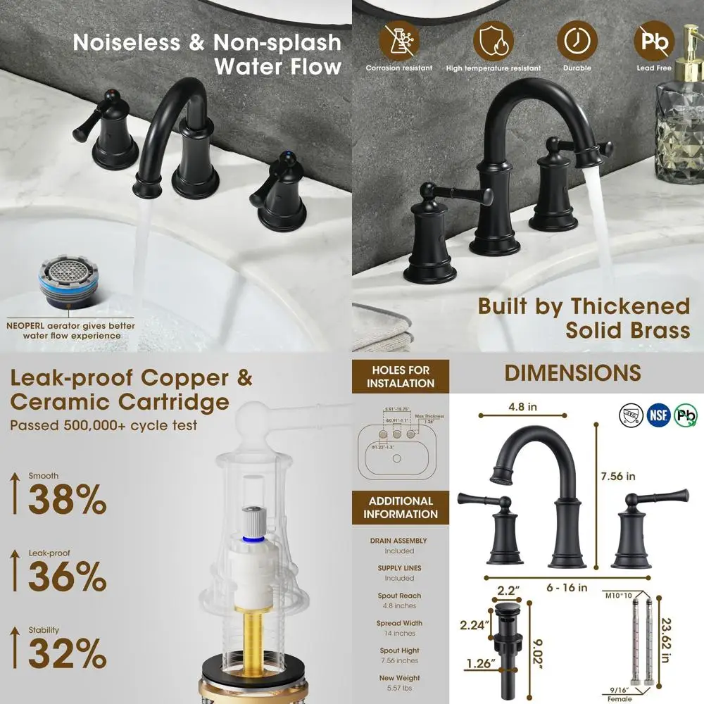 

8-дюймовый широко распространенный черный смеситель для раковины в ванной комнате с выдвижным сливом и линиями подачи CUPC для туалетного столика и раковин в фермерском доме