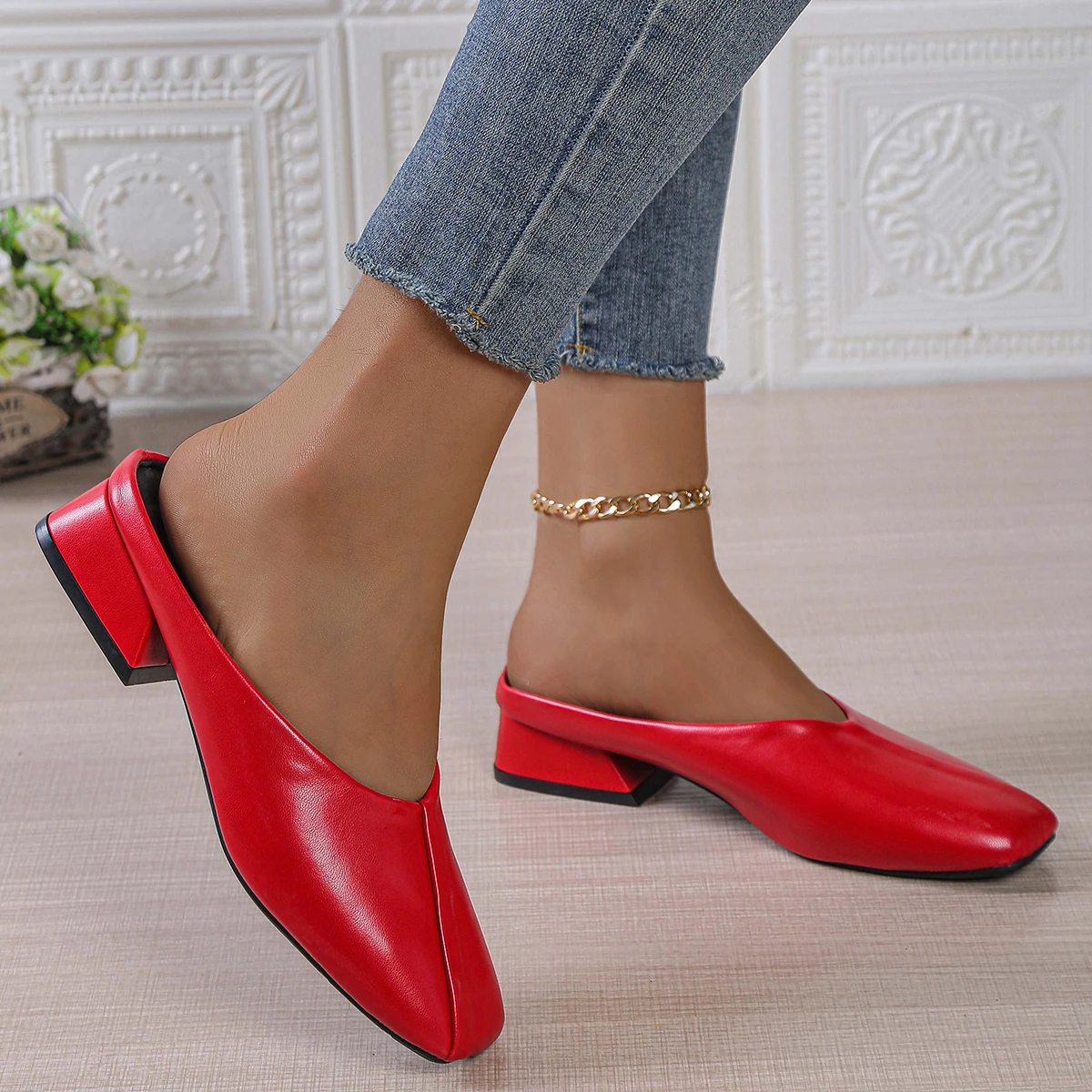 

Женские туфли-лодочки, новинка 2025, удобные тапочки на низком каблуке, уличная весенне-летняя обувь, женские сандалии на плоской подошве с квадратной головкой большого размера