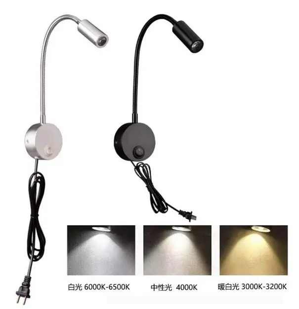 

1W 3W LED Wall Lamps light Children Reading Lamp Bedside Lighting AC90-260V Aluminum 360 Degree Rotating and switch and US Plug