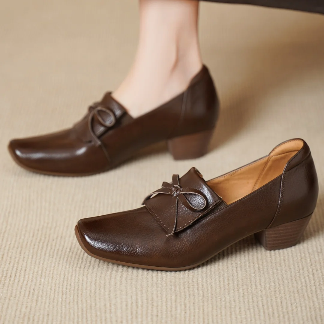 

2026 Spring new women's genuine leather square toe sweet bowtie slip-on pumps 4cm thick med heel elegant ladies OL style shoes