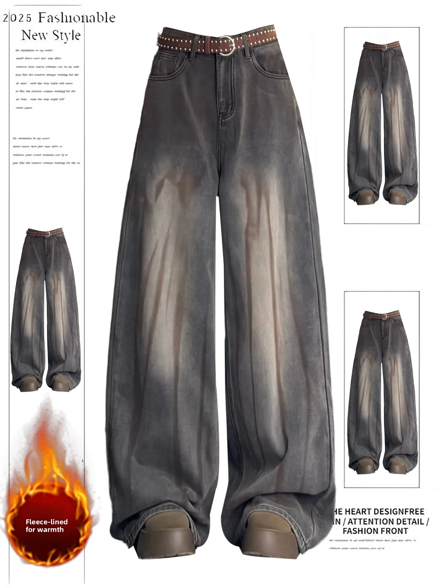 

Retro American Fce Lined High Waist Wide Leg Jeans Women's Autumn Winter New Sle Thiened Denim Pants Casual Wear