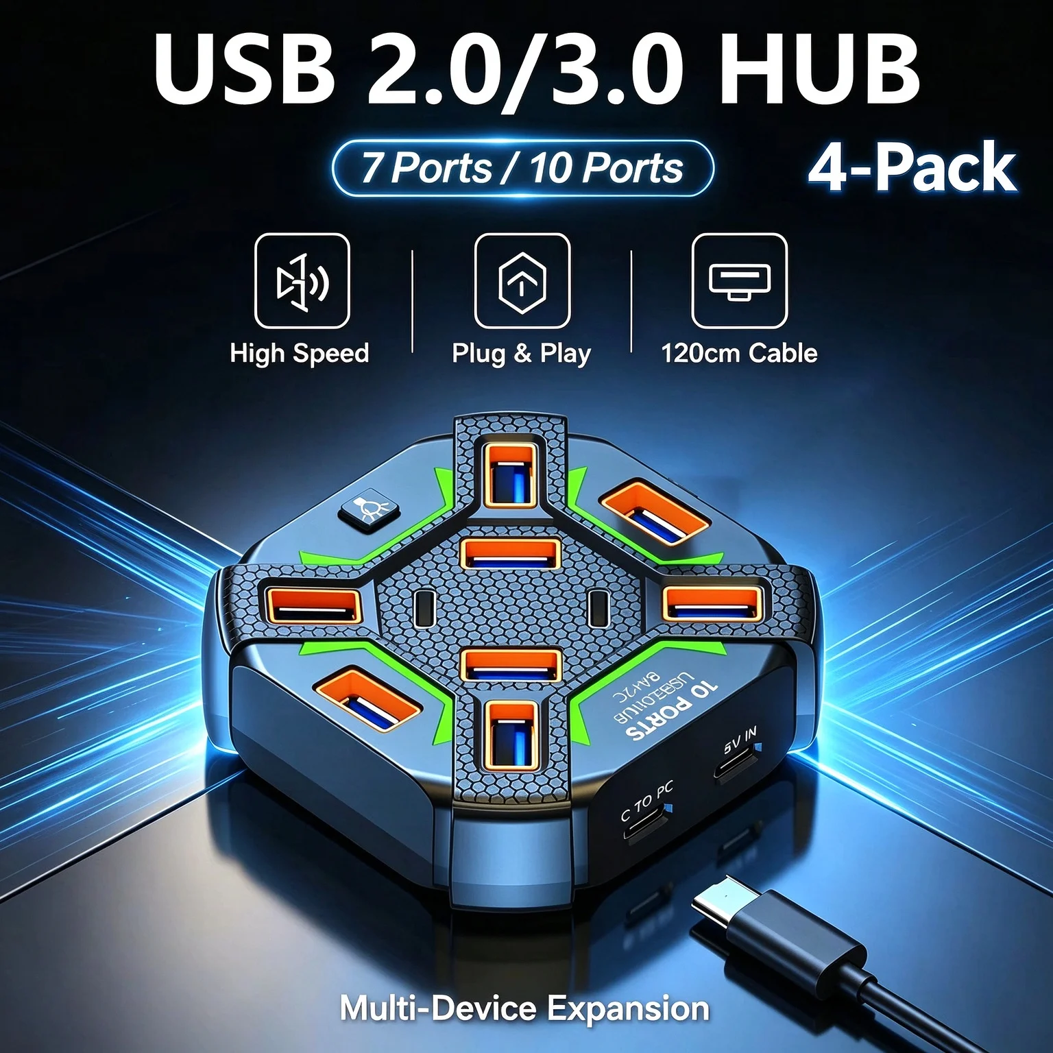 FocusOnPC 4Pack 7/10‑Port USB 2.0/3.0 Multiport Docking Station, 6A+1C/8A+2C, RGB LED with Independent Light Switch, Type‑C Powered Input, Driver‑Free Plug‑Play for Gaming Office, Fits Laptop PC Mouse Keyboard U Disk Camera
