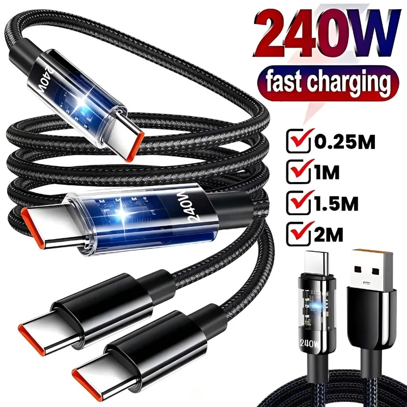 240W Nylon USB Type C Super Fast Charging Cable for Samsung Xiaomi Huawei LED Digital Display USB C Charger Data Cord 1/1.5/2M