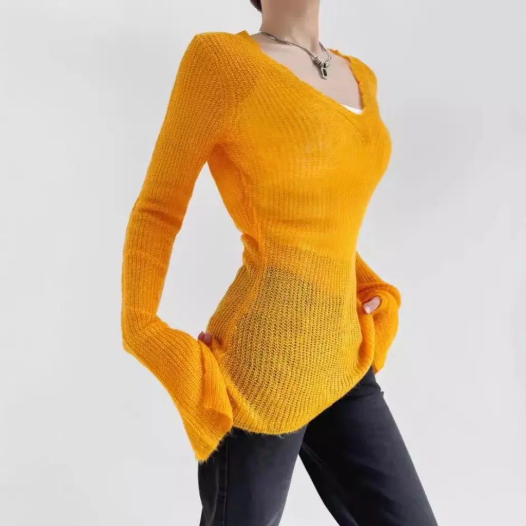 

Women's Long-Sleeved Knitted Sweater V-neck Split Design Mid-length Solid Color Autumn Fashion Stackable Thin Perspective