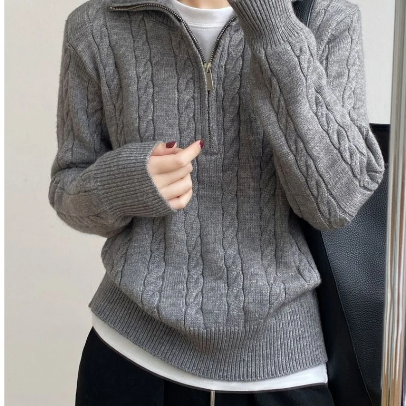 

Women Loose Knitted Twist Sweater Vintage Pullover Half Zipper Sweaters Thicken Long Sleeve Casual Grey Pullovers Outerwear