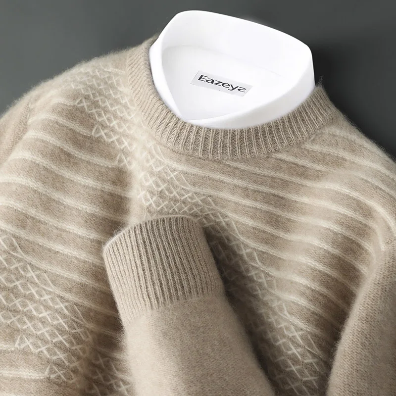 

100% pure wool sweater loose round neck thickened color matching sweater business casual knitted striped bottoming shirt
