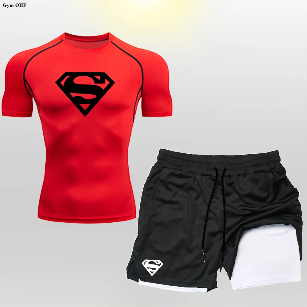 Super/Hero Men's Compression Shirts 2 in 1 Shorts Set Man Sportswear Fitness Gym Workout Rash Guard Kits Quick Dry Shirt Shorts