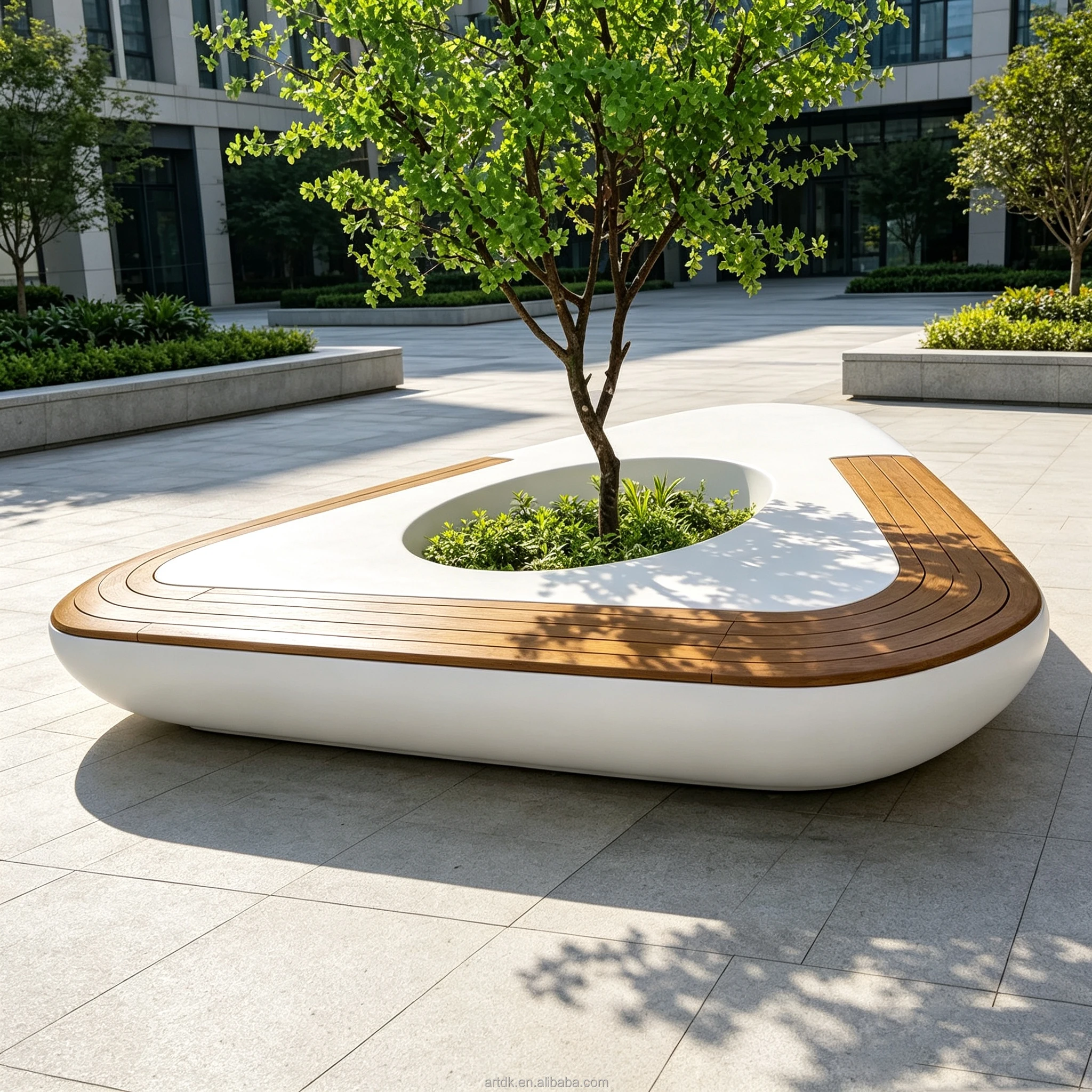 Durable Weather Resistant Curved Rest Waiting Bench Wood Slat Seat Outdoor Public Seating For Mall Plaza ParkCafé Patio