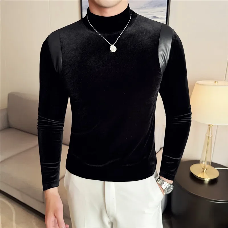 Men Long Sleeve T Shirt 2024 Leather Spliced Design Velvet Thickened Half High Collar Solid Casual Elastic Slim Fit Tee Shirt