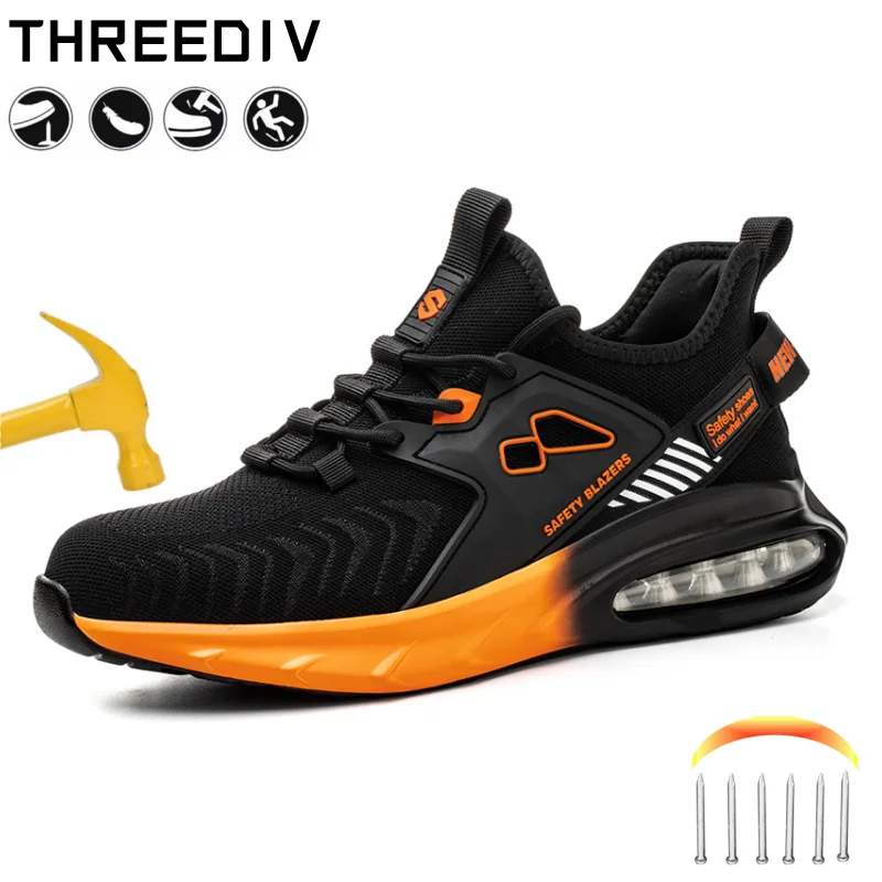 Safety Sneaker for Men Orange Air Cushion Steel Toe Safety Shoes Sports Large Work Anti-Smashing Industrial Safety Tennis Woman