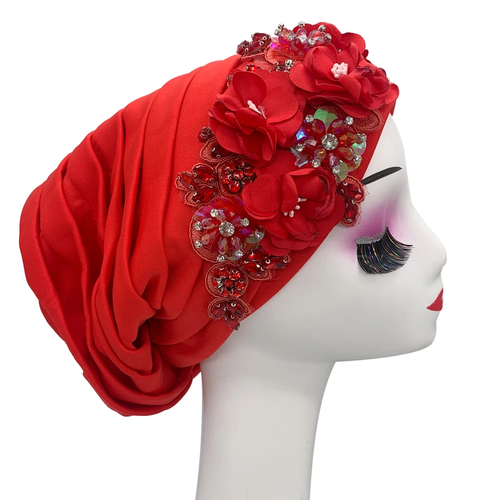 Elegant Flower Diamonds Women\'s Turban Cap African Party Headwear Lady Head Wrap Bonnet Muslim Hijab Hat turbante mujer