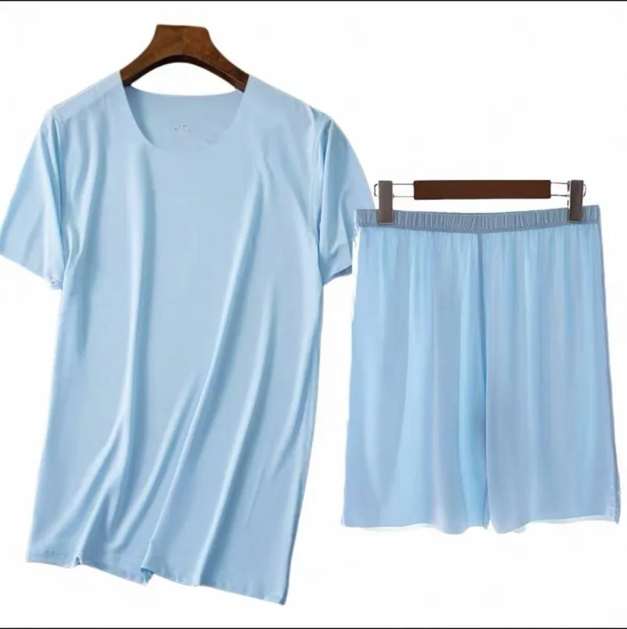 New Men's Ice Silk Pajamas Homewear Two Piece Sets Cool and Breathable Summer Sleepwear Suit Thin Short-sleeve Tops with Shorts