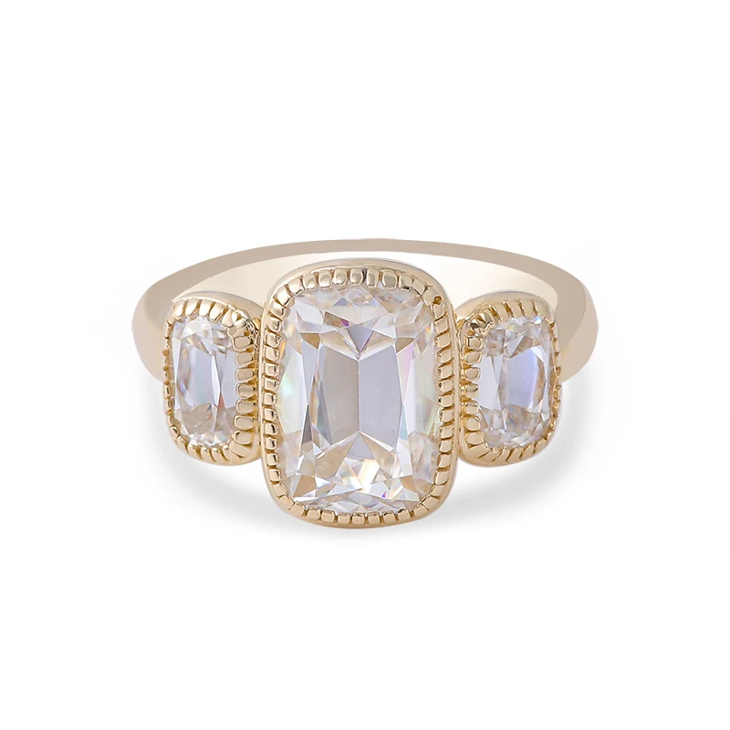 Provence 10K Yellow Gold Milgrain Three Stone Ring With 7*10mm OMC Elongated Cushion Moissanite Diamond GRA Cert For Women