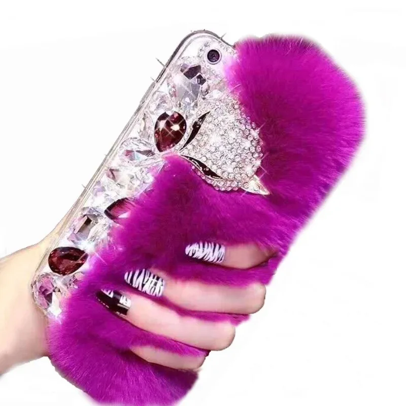 

3D Crystal Diamond Case for iPhone, Warm Furry Rabbit Fur Hair, Fluffy Cover for iPhone 11, 12, 13, 14, 15 Pro Max, Handmade