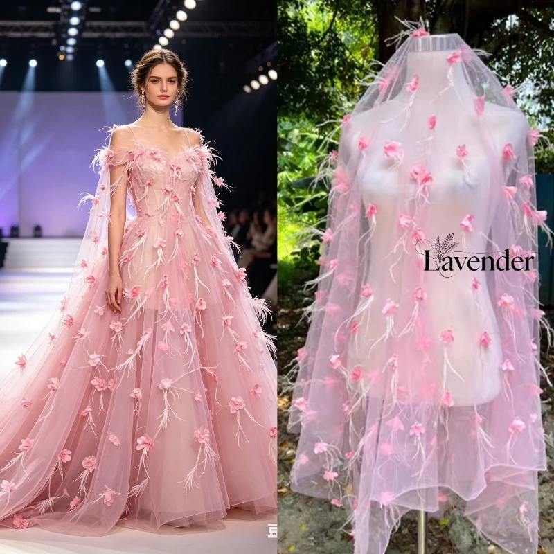 

White Black Pink 3D Floral Feather Embroidery Mesh Fabric for Sewing Wedding Dresses Evening Gowns Party Dresses