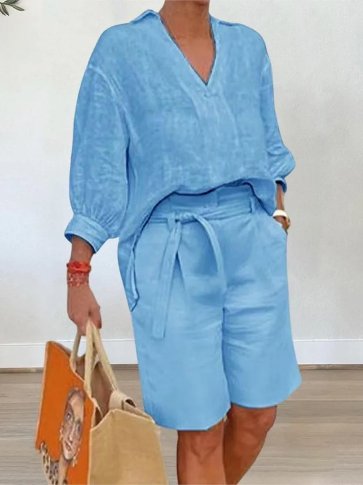 

2025 Women Elegant Style Two Piece Set Half Sleeve V-Neck Casual Loose Shirt Pocket Belt Shorts Summer Cotton Linen Outfits