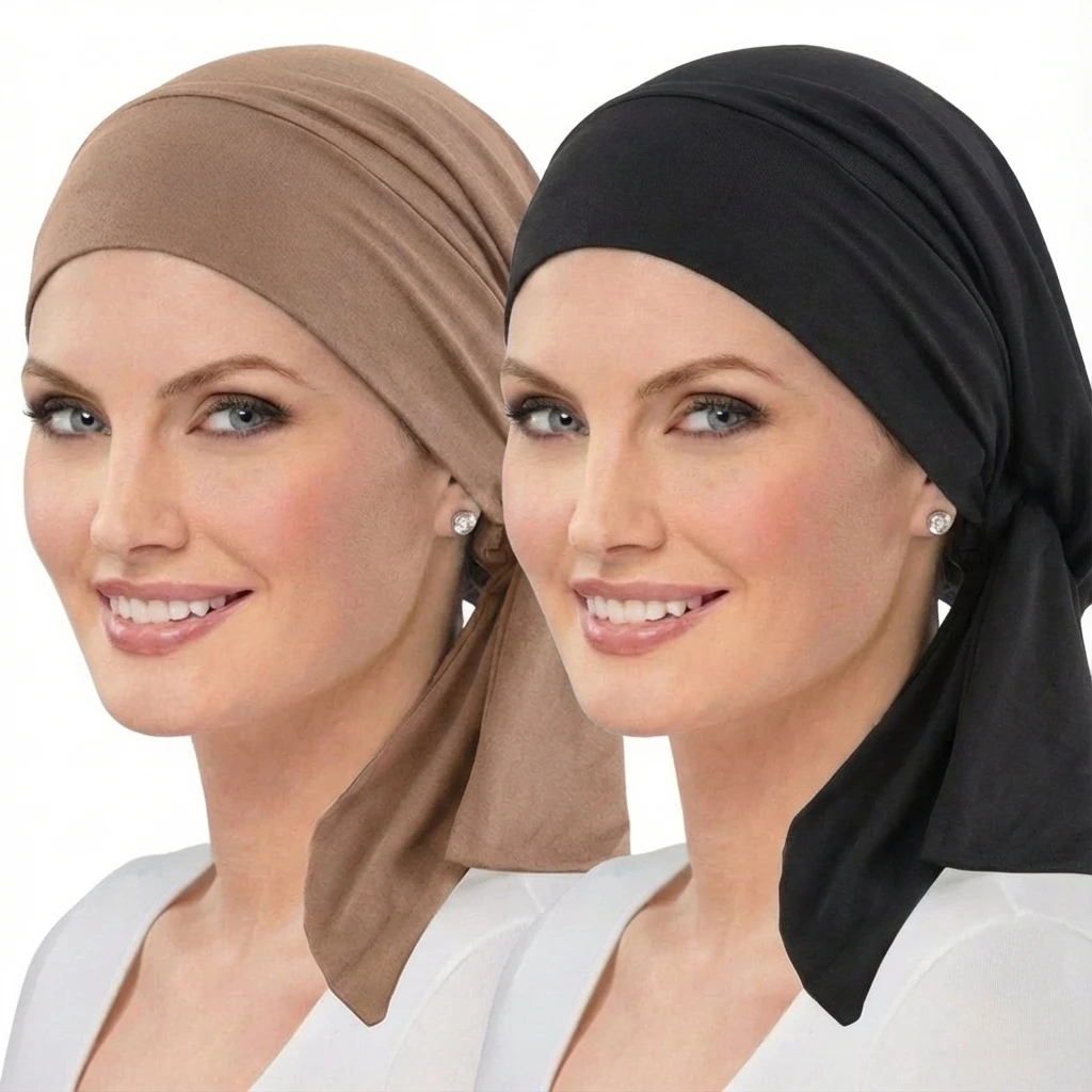 2PCS/LOT Women Pre-Tied Turban Cap Long Tail Headscarf Strechy Bandana Muslim Hijab Inner Caps Hair Loss Cover Beanies Bonnet