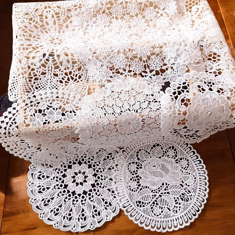 This Elegant and Luxurious White Embroidered Lace Round Table Cloth Set is Perfect for Christmas, Wedding, or Banquet Decoration