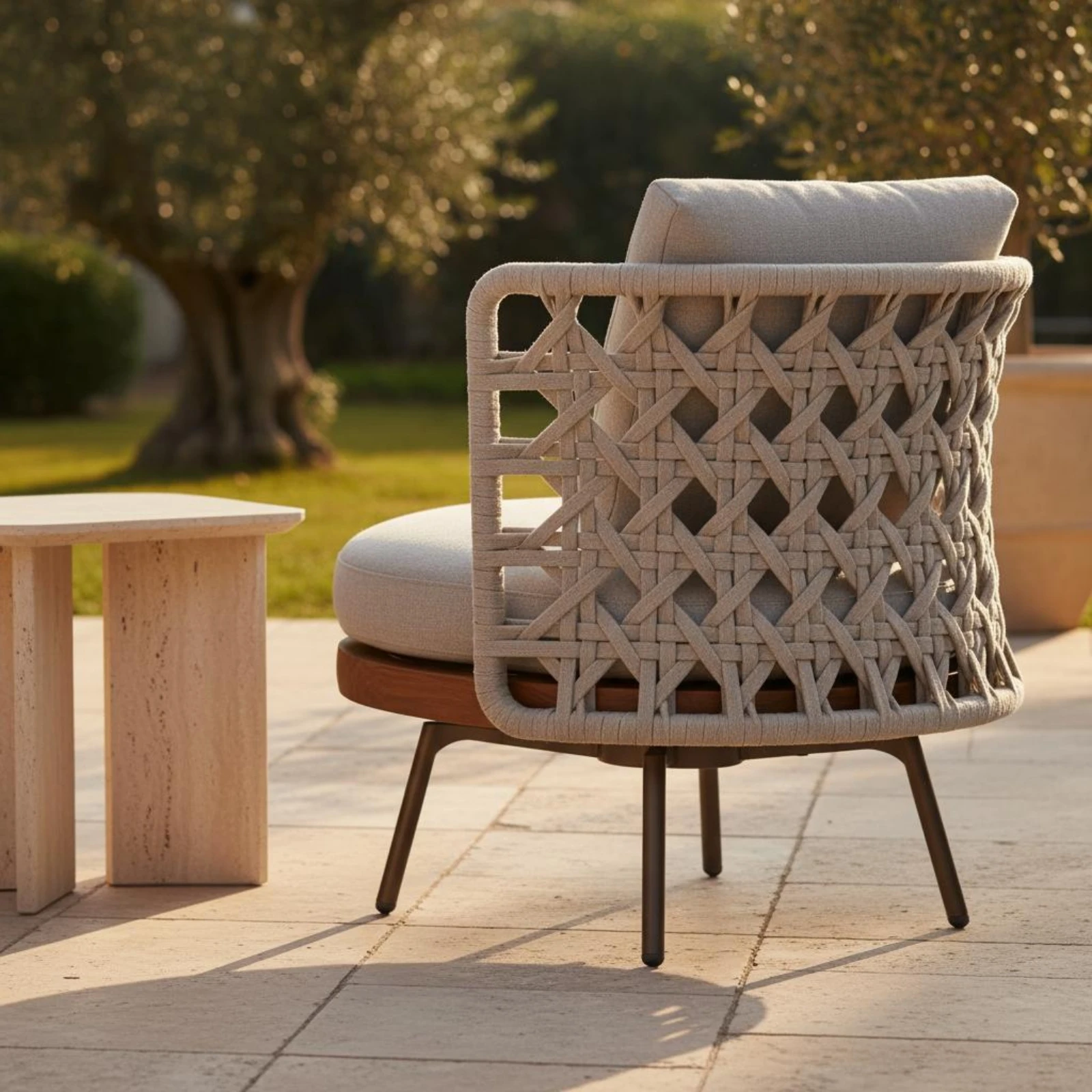 3 Pieces Teak Armchair Nordic Design Woven Backrest Chair Cushioned Patio Chair Soft Cushion for Garden, Balcony