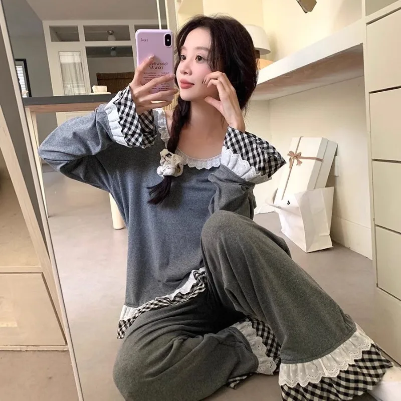 

Plaid Women's Pajamas Autumn Sleepwear Korean Fashion Piiama Pants Sets 2 Pieces Lace Night Wears Long Sleeve Home Suit 2025 New