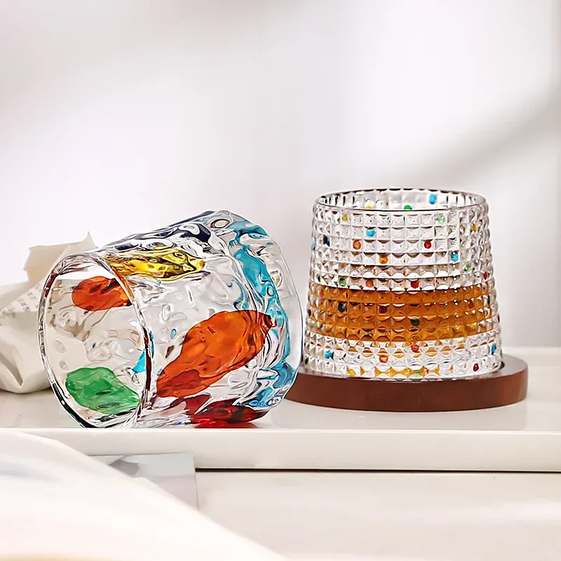 Hand-painted rotating glass with coasters color water cup decompression gyro glass tumbler whiskey glass