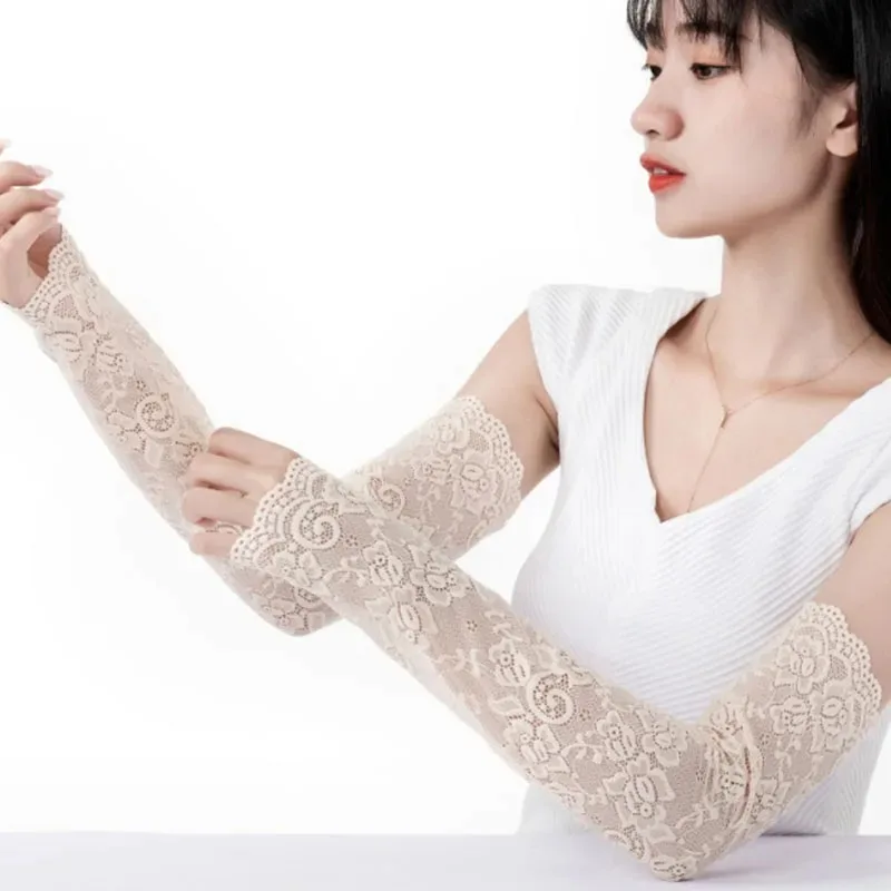 

1Pair Women's Sexy Lace Flowers Arm Sleeves Sunscreen UV Protection Elegant Long Fingerless Driving Gloves Arm Cover