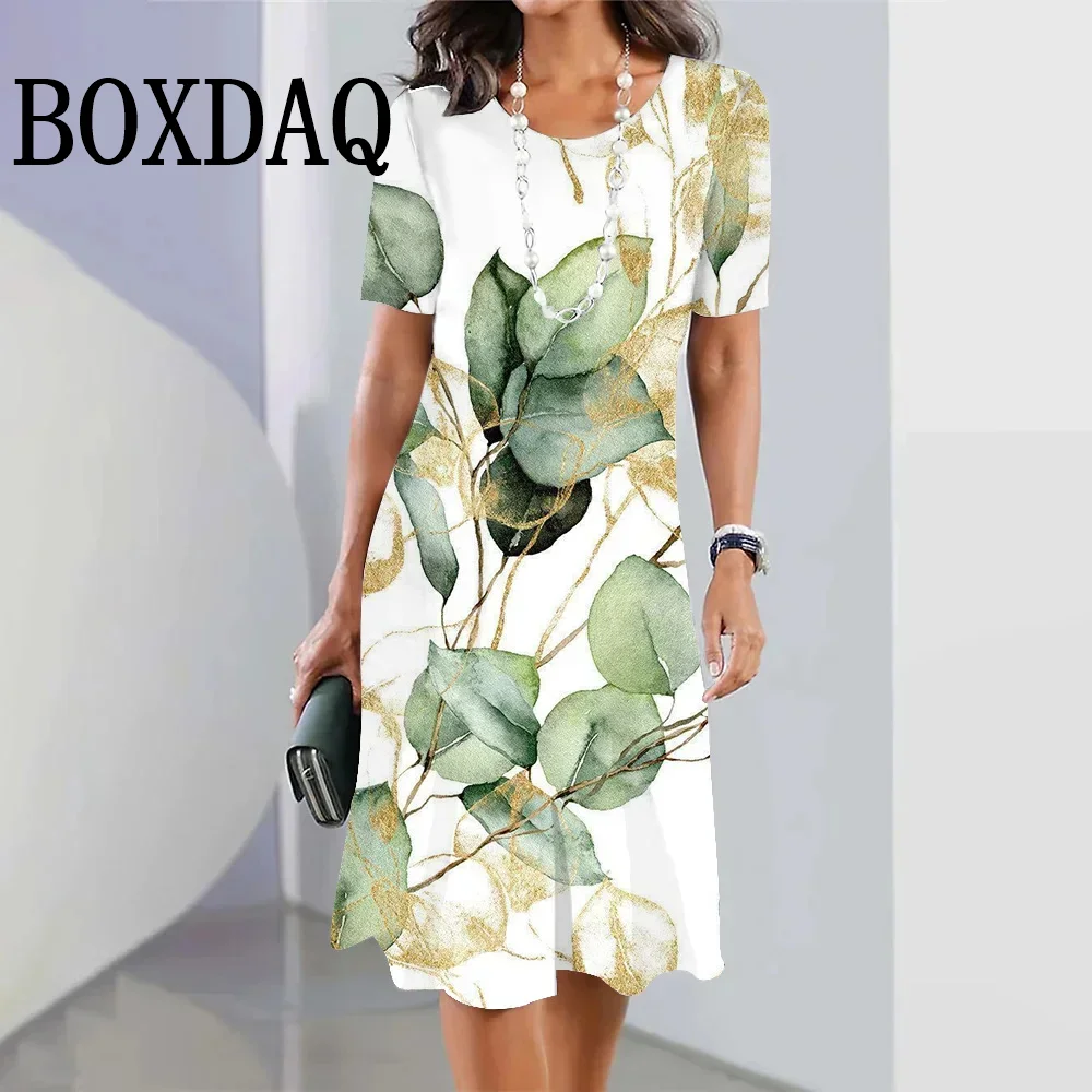 Summer Fashion Beach Style A-Line Midi Dress Women Elegant Flower Print Short Sleeve Dress Women's Vintage Spring Loose Sundress