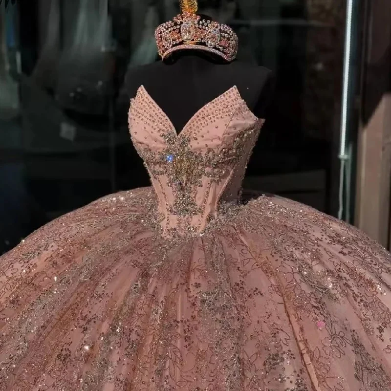 فساتين Quinceanera باللون الذهبي الوردي من FURSTENBERG للأطفال بأكمام طويلة مزينة بقطار ملكي فساتين رسمية فيستدو دي 15 مخصصة #2