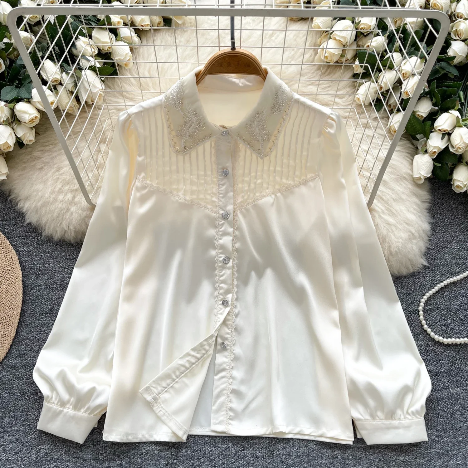 Chic Embroidered Beads Basics Long Sleeves Elegant Polo-neck Loose Single Breasted Top French Office Lady Autumn Satin Clothing