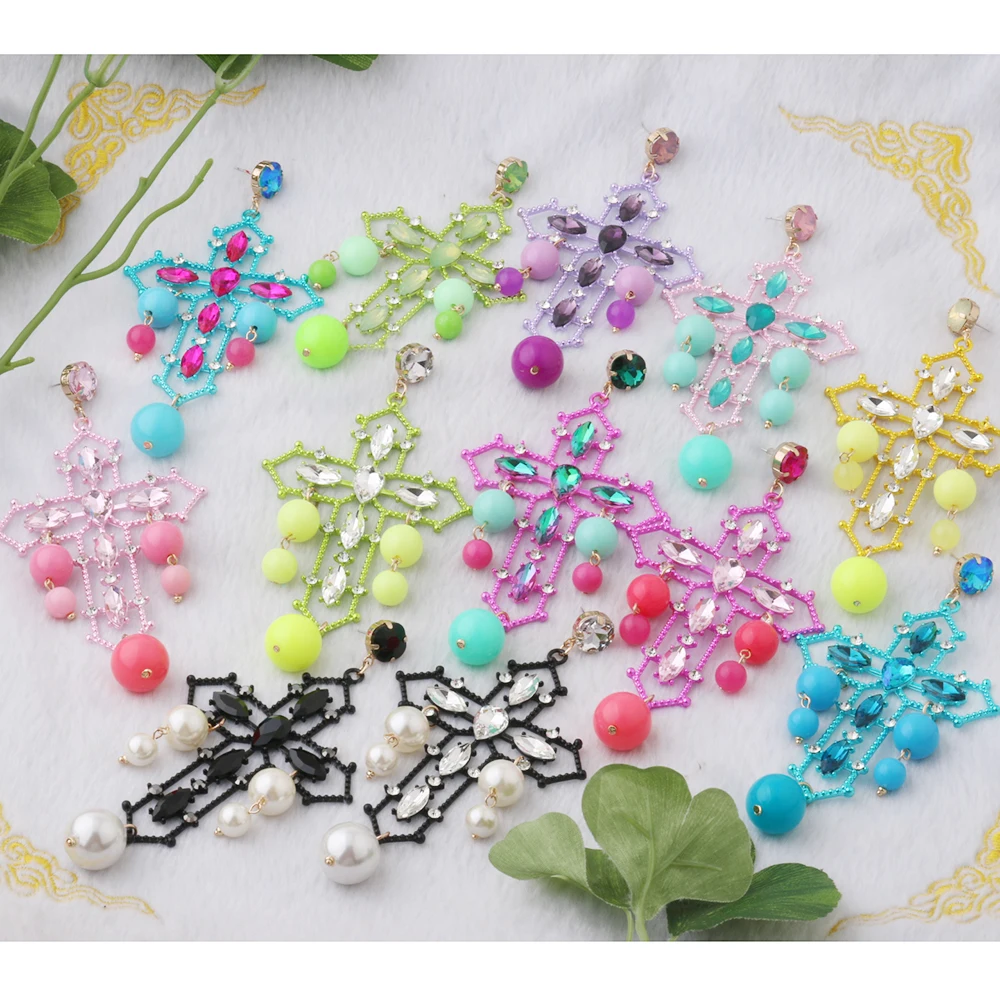 NeeFuWoFu Y2K Cross Earring Candy Colors Colorful Tassel Glass Earring For Woman Large Brinco Ear Exaggeration Christmas Gift