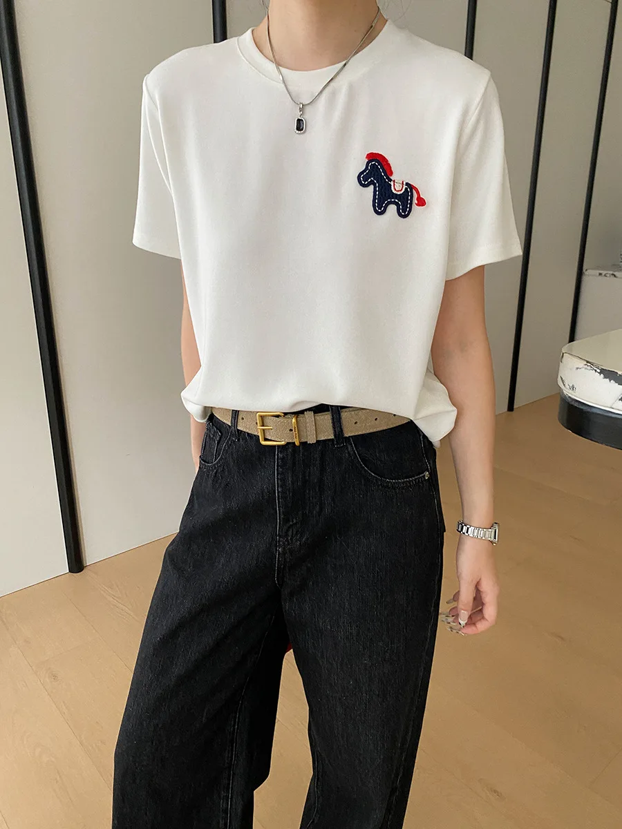 Spring and summer women's casual solid color pony patch embroidered round neck short sleeved T-shirt
